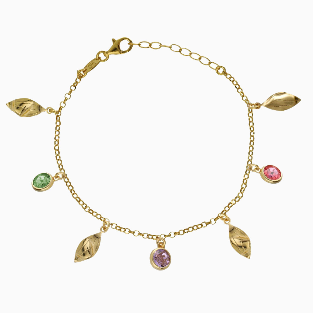 Leaf Charms Colored Stones Gold Plated Chain Bracelet Leaf Charms Colored Stones Gold Plated Chain Bracelet