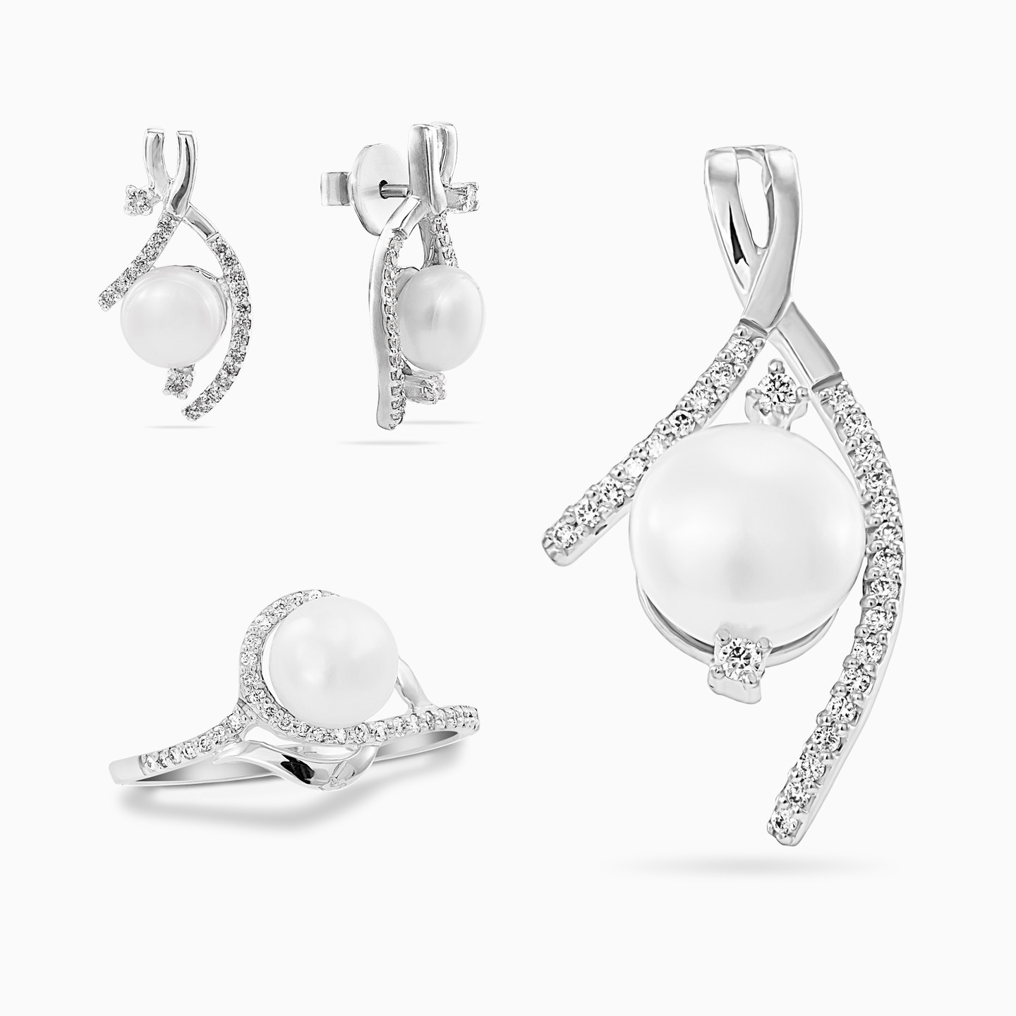 Ribbon Diamond & Pearl Half Set in 18K Gold (3 Pieces) - 2 Ribbon Diamond & Pearl Half Set in 18K Gold (3 Pieces) - 2
