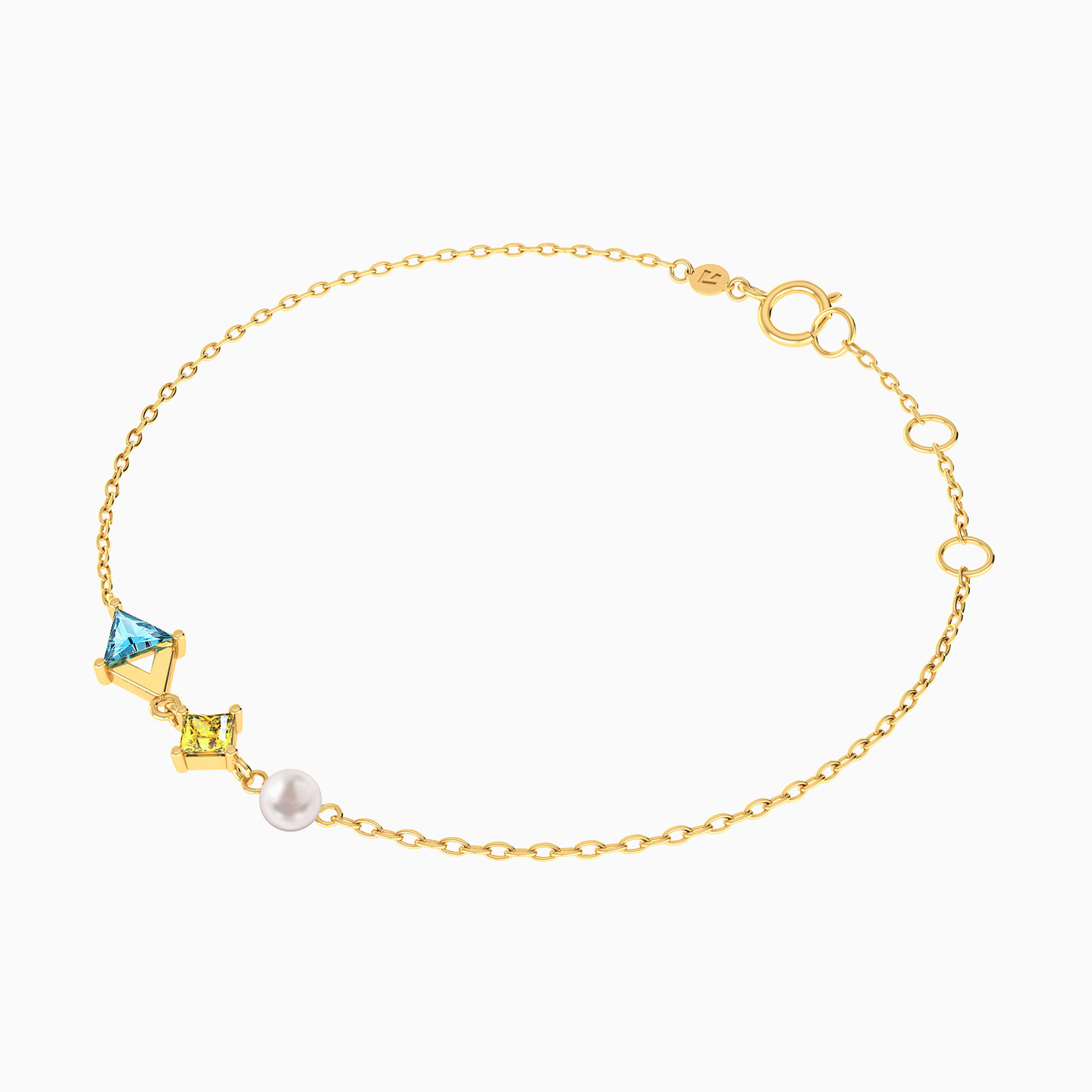 Geometric Design Colored Stones & Pearl Chain Bracelet in 18K Gold - 3 Geometric Design Colored Stones & Pearl Chain Bracelet in 18K Gold - 3