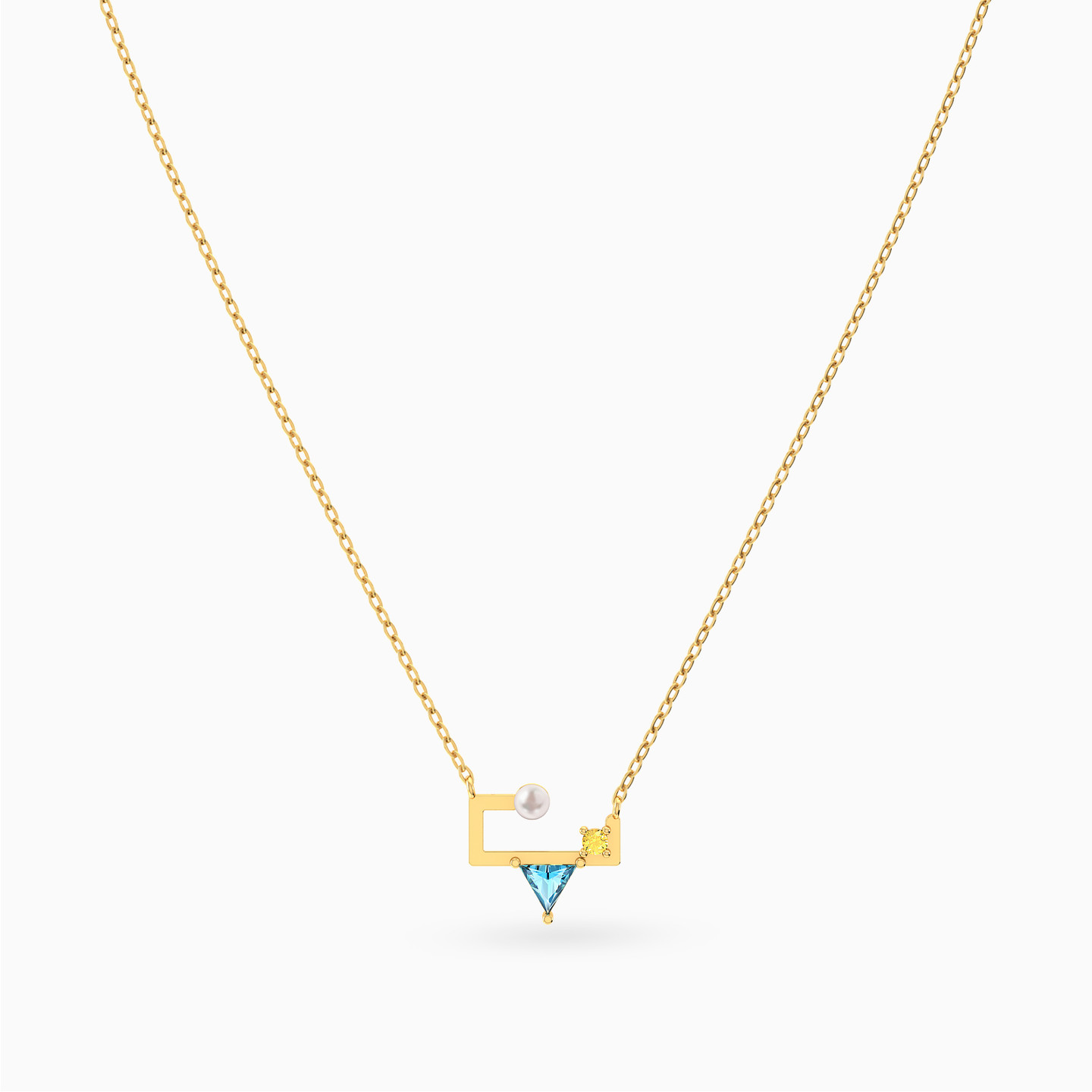 Open Frame Colored Stones & Pearl Necklace in 18K Gold - 3 Open Frame Colored Stones & Pearl Necklace in 18K Gold - 3