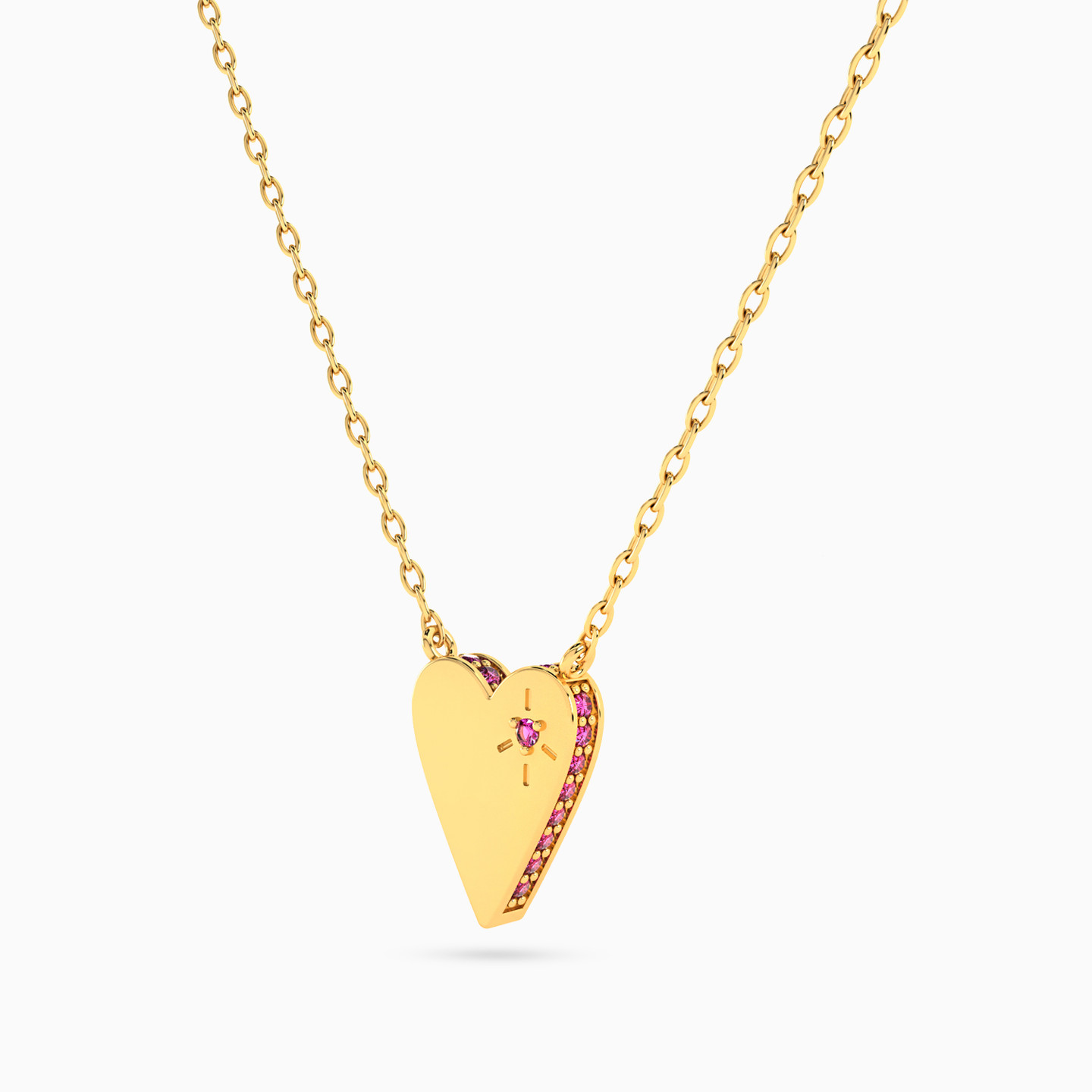 Golden Heart with Pink Stone Necklace in 18K Gold - 2 Golden Heart with Pink Stone Necklace in 18K Gold - 2