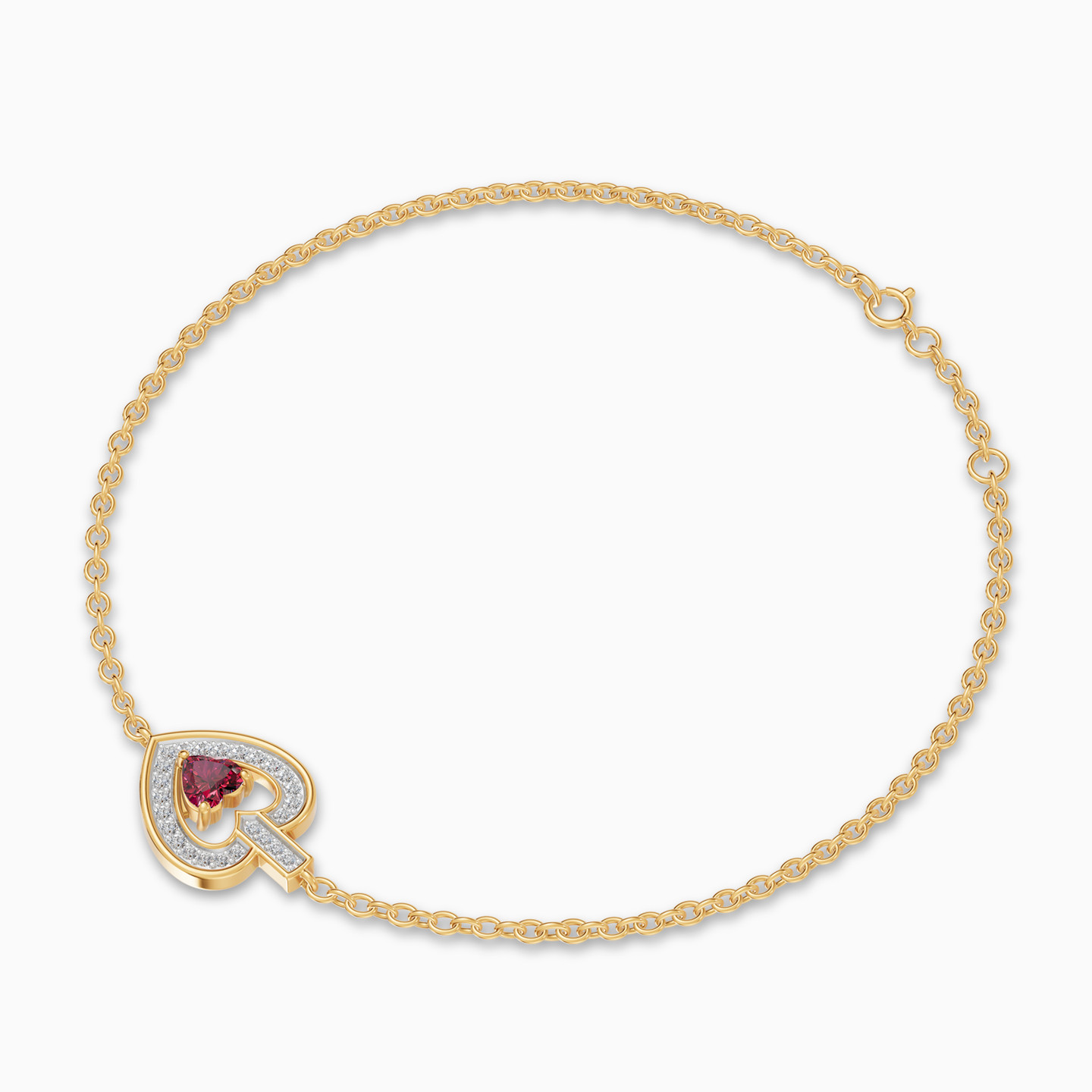 Heart Frame Red Stone Diamond Chain Bracelet in 18K Gold - 3 Heart Frame Red Stone Diamond Chain Bracelet in 18K Gold - 3