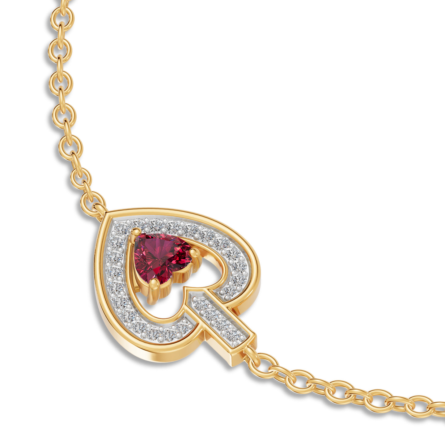 Heart Frame Red Stone Diamond Chain Bracelet in 18K Gold - 4 Heart Frame Red Stone Diamond Chain Bracelet in 18K Gold - 4