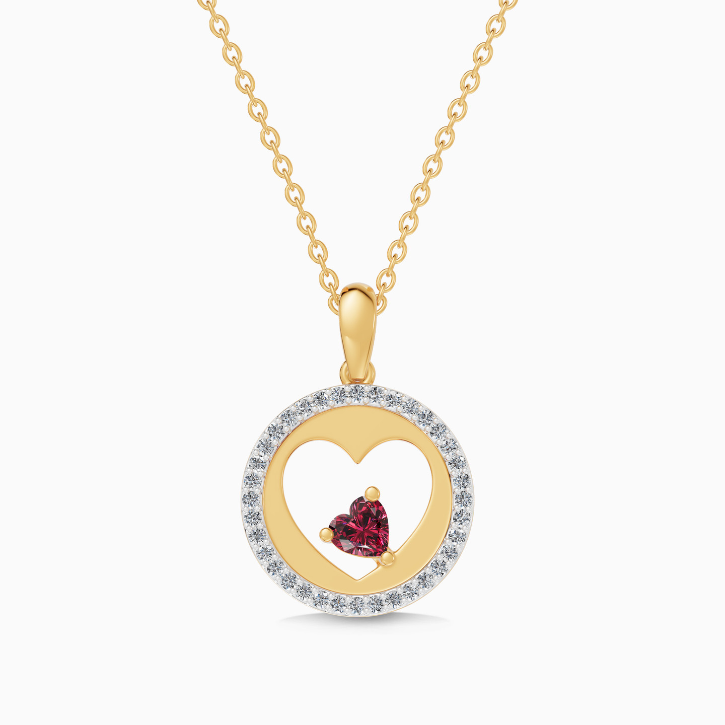 Heart & Circular Frame Red Stone Diamond Necklace in 18K Gold Heart & Circular Frame Red Stone Diamond Necklace in 18K Gold
