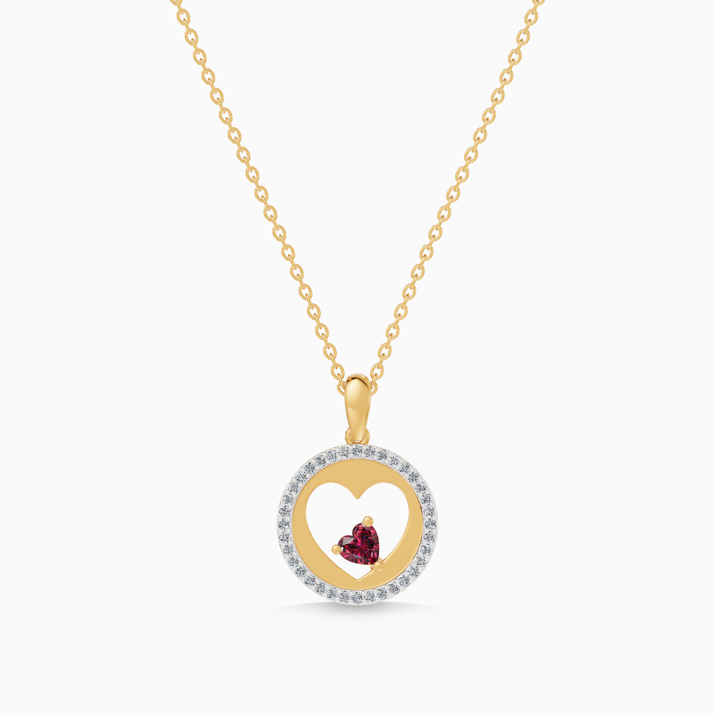 Heart & Circular Frame Red Stone Diamond Necklace in 18K Gold - 4 Heart & Circular Frame Red Stone Diamond Necklace in 18K Gold - 4