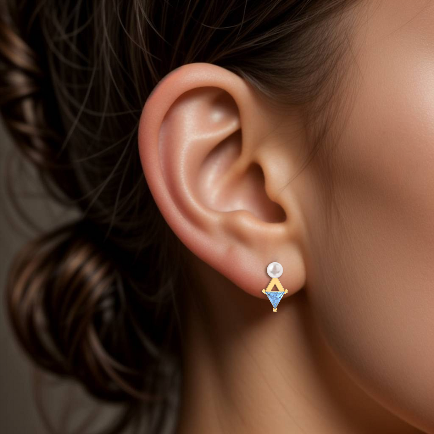 Triangular Aqua Blue Stone & Pearl Stud Earrings in 18K Gold - 2 Triangular Aqua Blue Stone & Pearl Stud Earrings in 18K Gold - 2