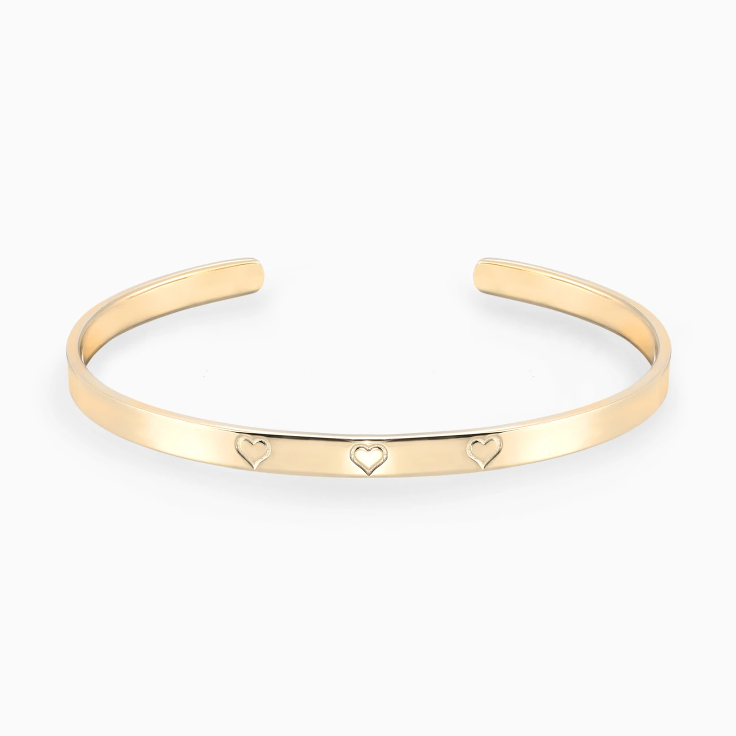 Three Engraved Hearts Cuff Bracelet in Yellow Gold Plating Three Engraved Hearts Cuff Bracelet in Yellow Gold Plating
