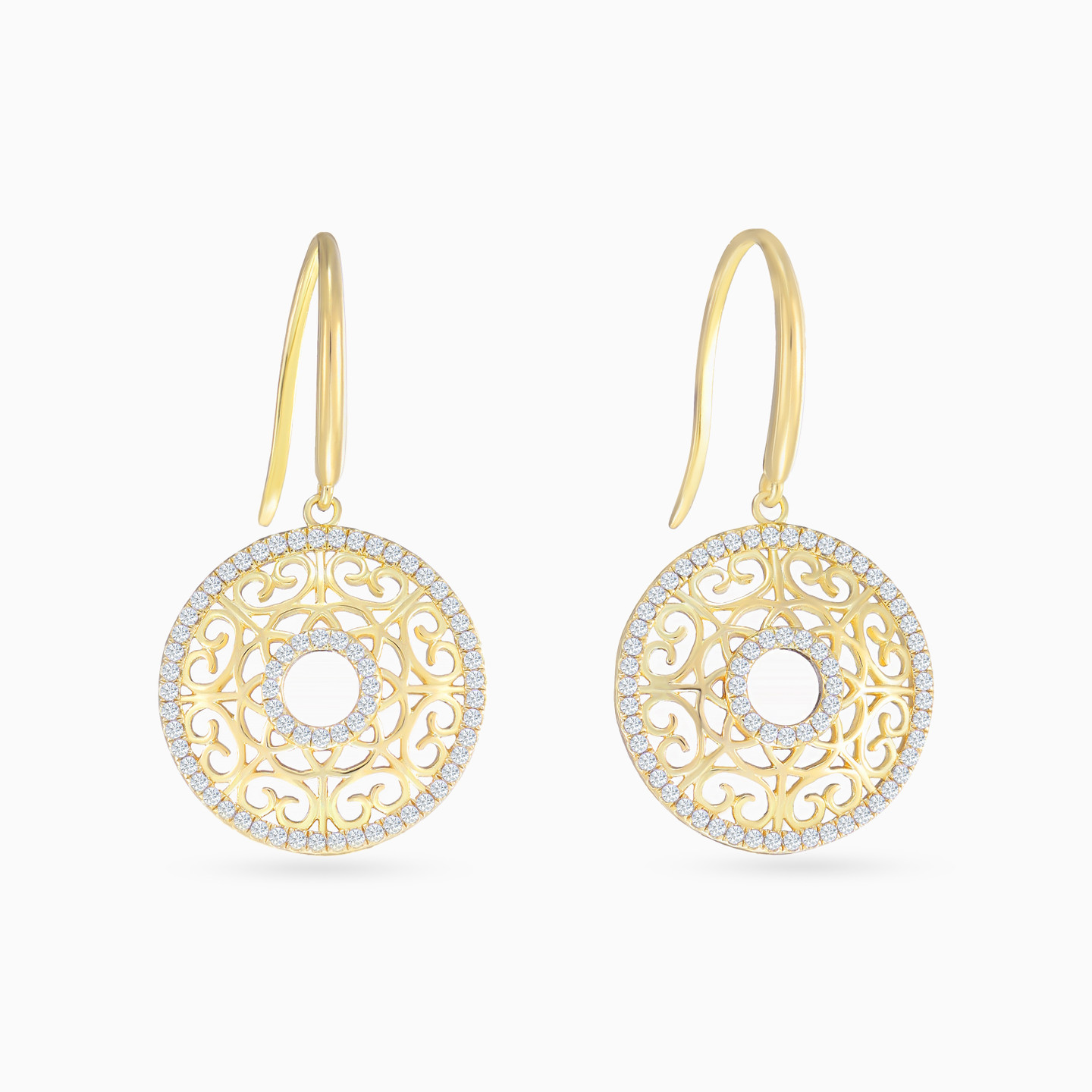 Intricate Circle Cubic Zirconia Drop Earrings in Yellow Gold Plating Intricate Circle Cubic Zirconia Drop Earrings in Yellow Gold Plating