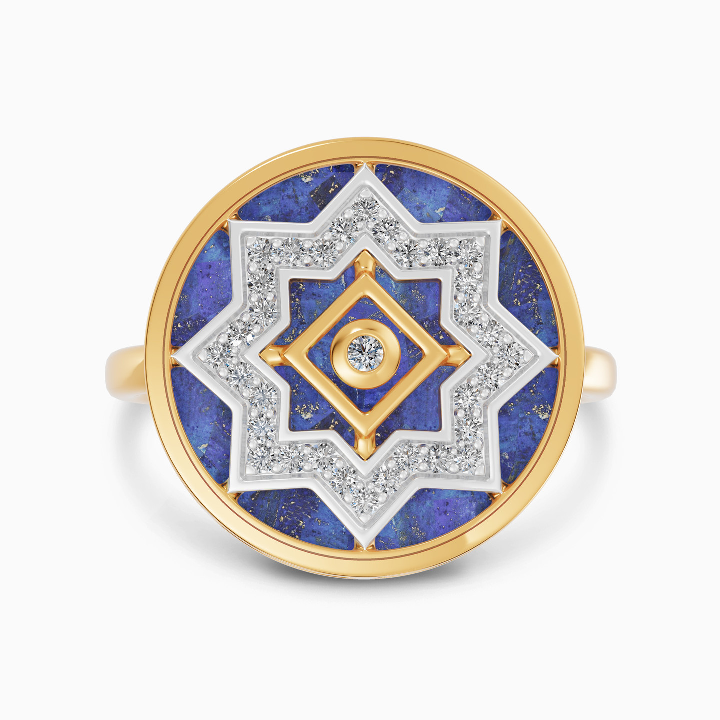 مجموعة رمضان خاتم شكل دائري ونجمة ذهب عيار 18 قيراط مزين بالألماس وحجر أزرق مجموعة رمضان خاتم شكل دائري ونجمة ذهب عيار 18 قيراط مزين بالألماس وحجر أزرق