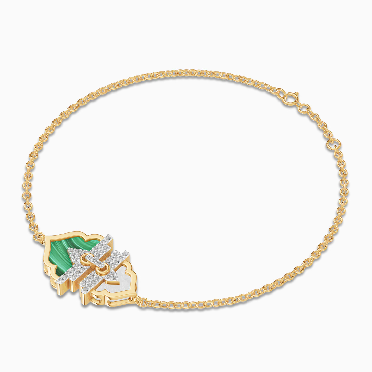 Ramadan Oriental Arch Malachite & Pearl Diamond Chain Bracelet 18K Gold - 3 Ramadan Oriental Arch Malachite & Pearl Diamond Chain Bracelet 18K Gold - 3