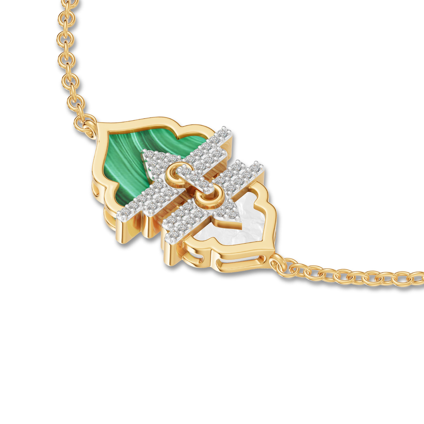 Ramadan Oriental Arch Malachite & Pearl Diamond Chain Bracelet 18K Gold - 4 Ramadan Oriental Arch Malachite & Pearl Diamond Chain Bracelet 18K Gold - 4
