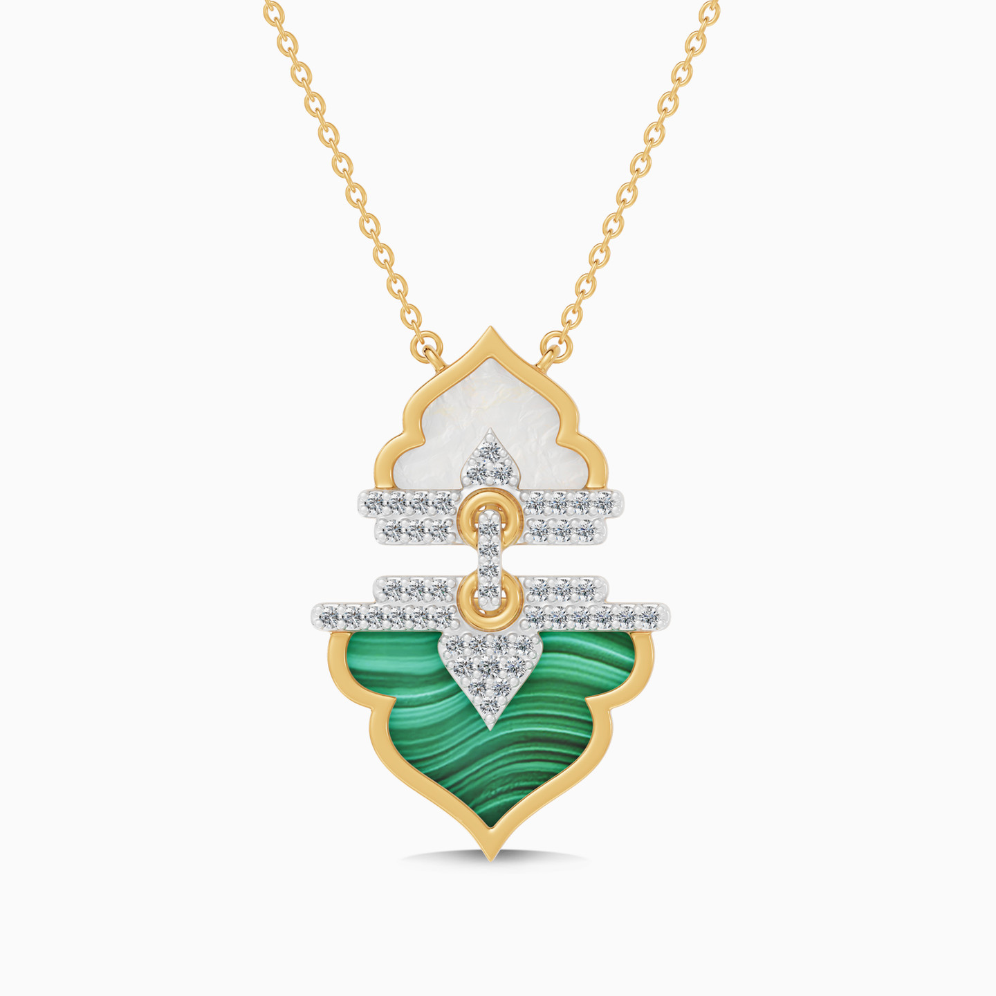 Ramadan Oriental Arch Malachite & Pearl Diamond Necklace in 18K Gold Ramadan Oriental Arch Malachite & Pearl Diamond Necklace in 18K Gold