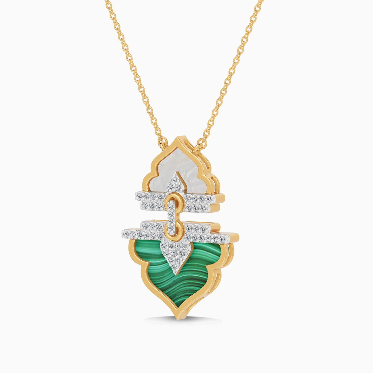 Ramadan Oriental Arch Malachite & Pearl Diamond Necklace in 18K Gold - 3 Ramadan Oriental Arch Malachite & Pearl Diamond Necklace in 18K Gold - 3
