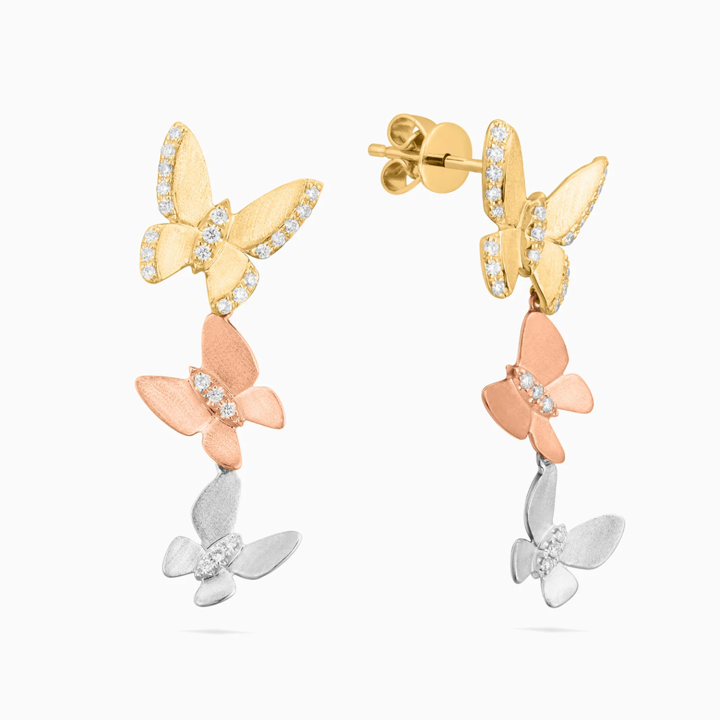 Three Butterflies Diamond Drop Earrings in 18K Gold - 3 Three Butterflies Diamond Drop Earrings in 18K Gold - 3