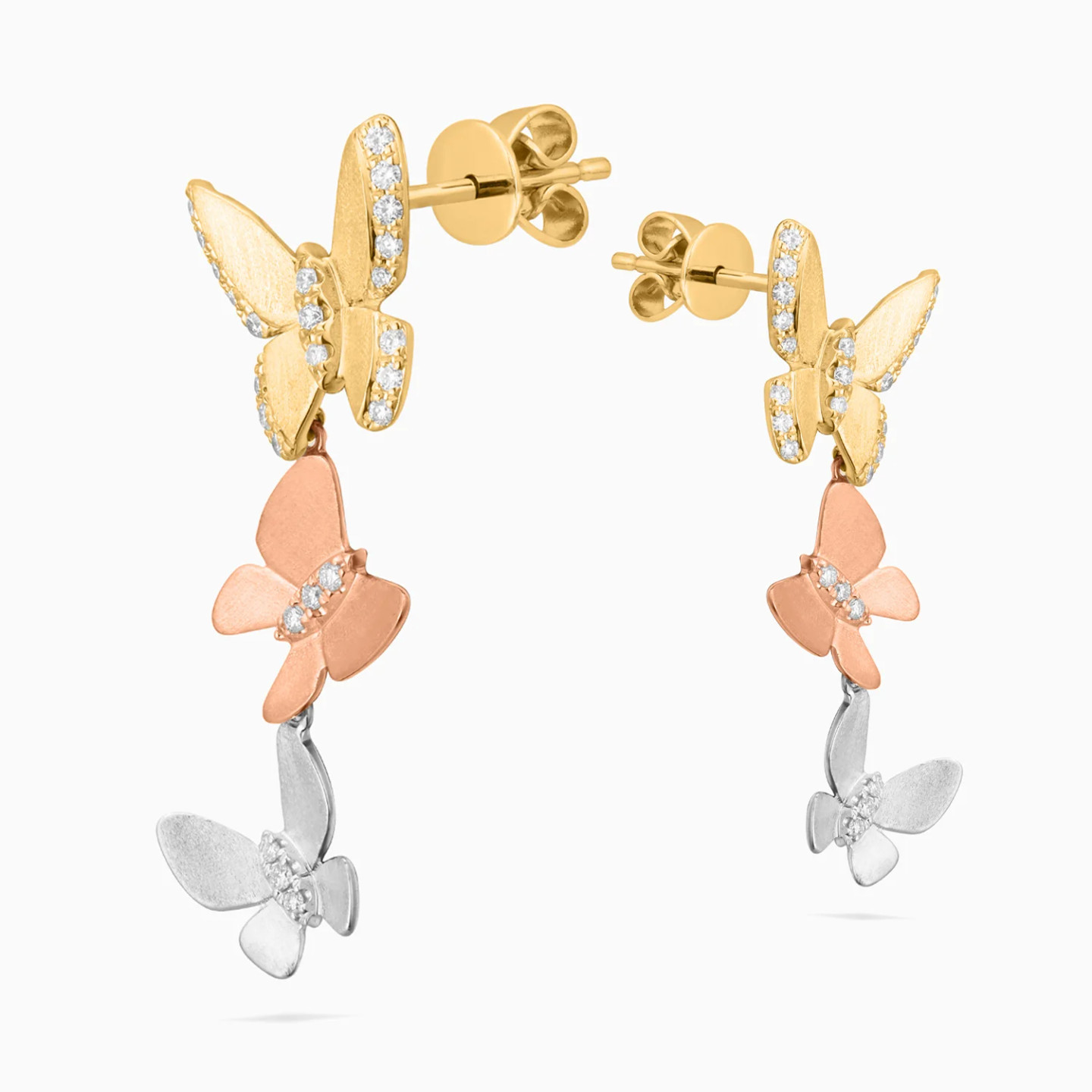 Three Butterflies Diamond Drop Earrings in 18K Gold - 4 Three Butterflies Diamond Drop Earrings in 18K Gold - 4