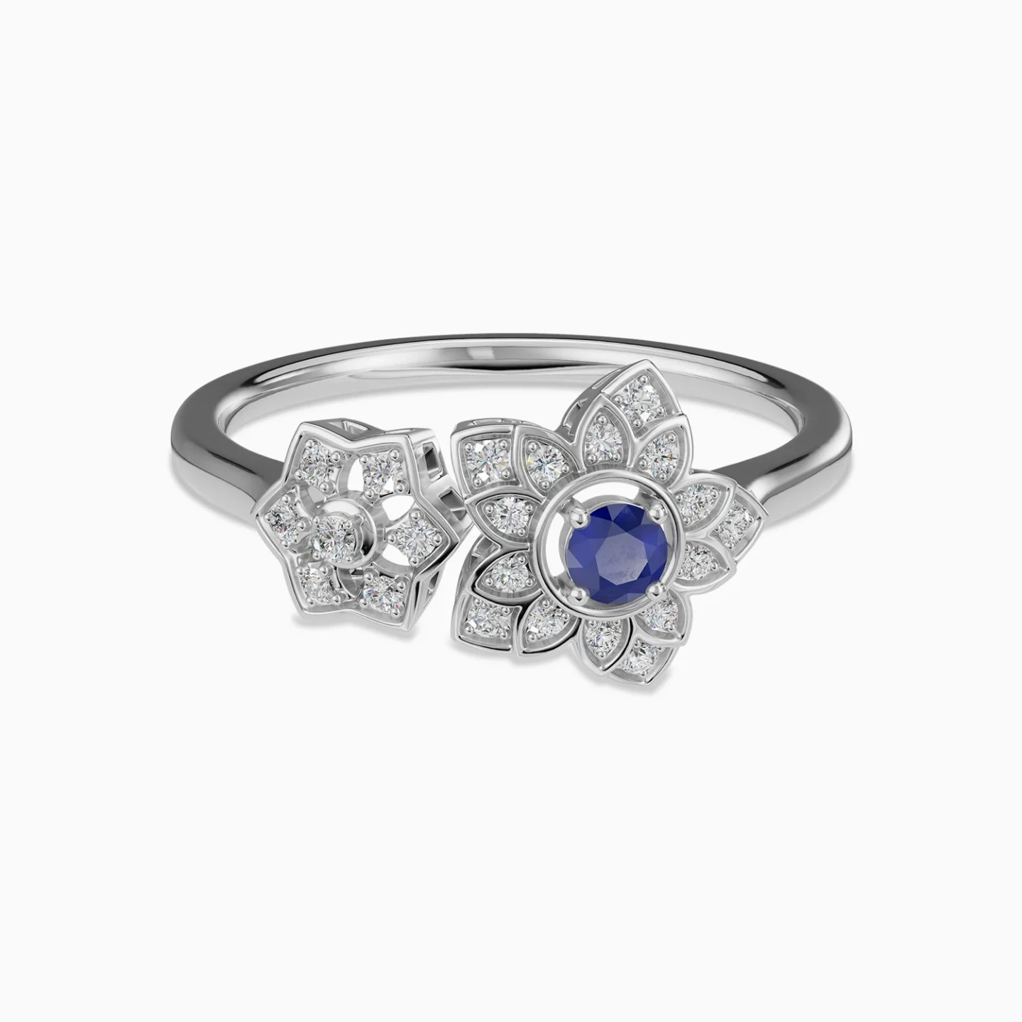 Detailed Flowers Blue Stone & Diamond Open Ring in 18K Gold Detailed Flowers Blue Stone & Diamond Open Ring in 18K Gold
