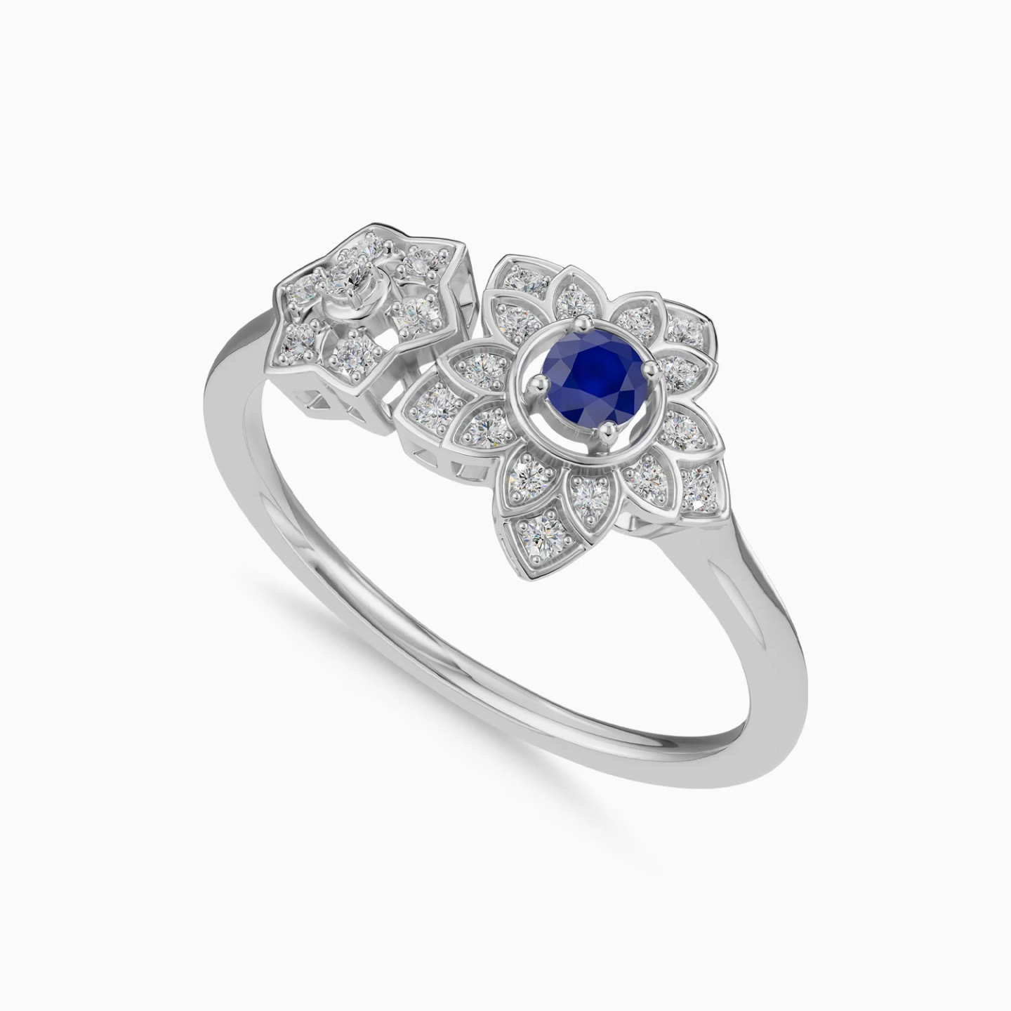 Detailed Flowers Blue Stone & Diamond Open Ring in 18K Gold - 3 Detailed Flowers Blue Stone & Diamond Open Ring in 18K Gold - 3