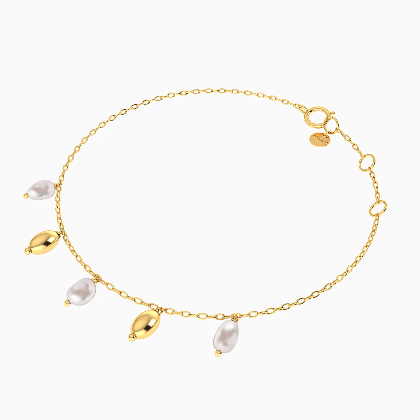 Alternating Oval Beads & Pearls Charm Chain Bracelet in 18K Gold - 3 Alternating Oval Beads & Pearls Charm Chain Bracelet in 18K Gold - 3