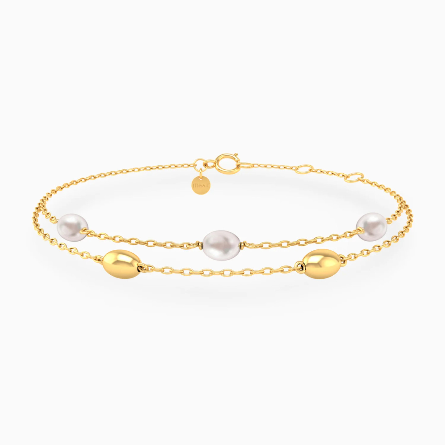 Oval Beads & Pearl Layered Chain Bracelet in 18K Gold Oval Beads & Pearl Layered Chain Bracelet in 18K Gold