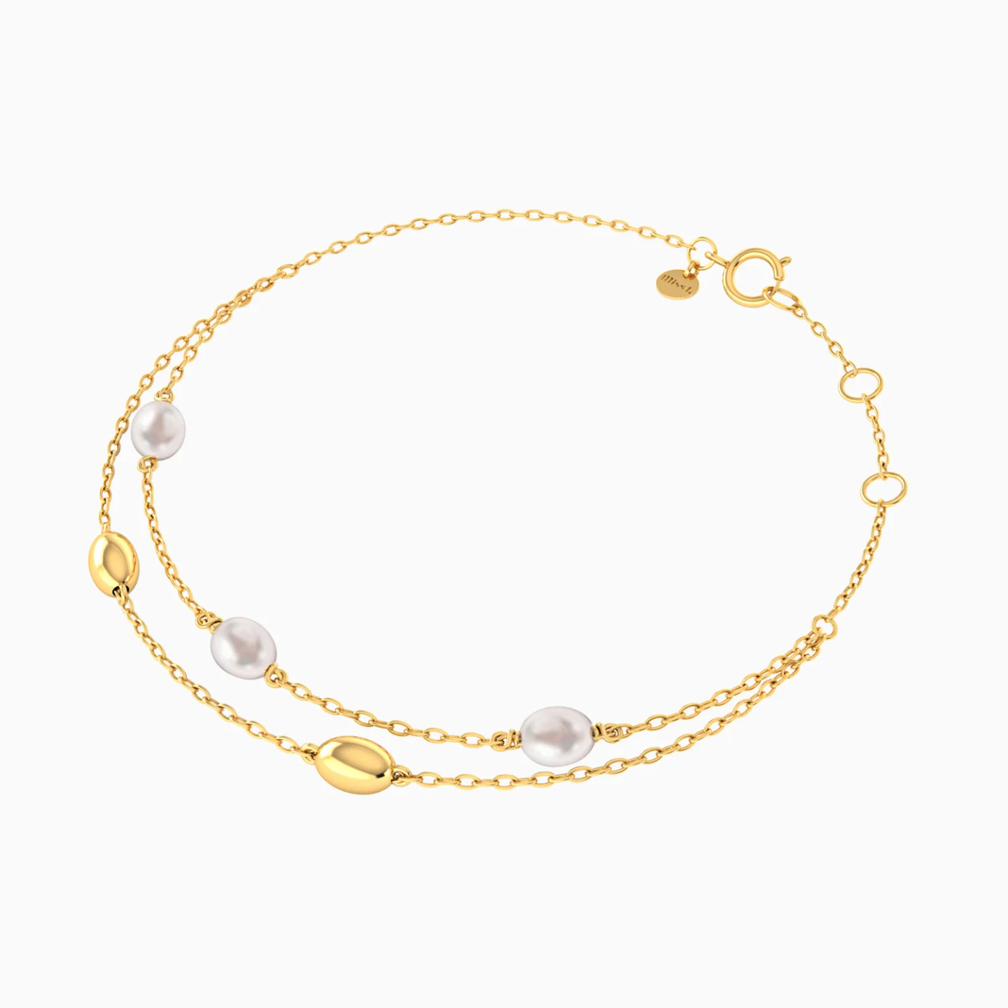 Oval Beads & Pearl Layered Chain Bracelet in 18K Gold - 3 Oval Beads & Pearl Layered Chain Bracelet in 18K Gold - 3