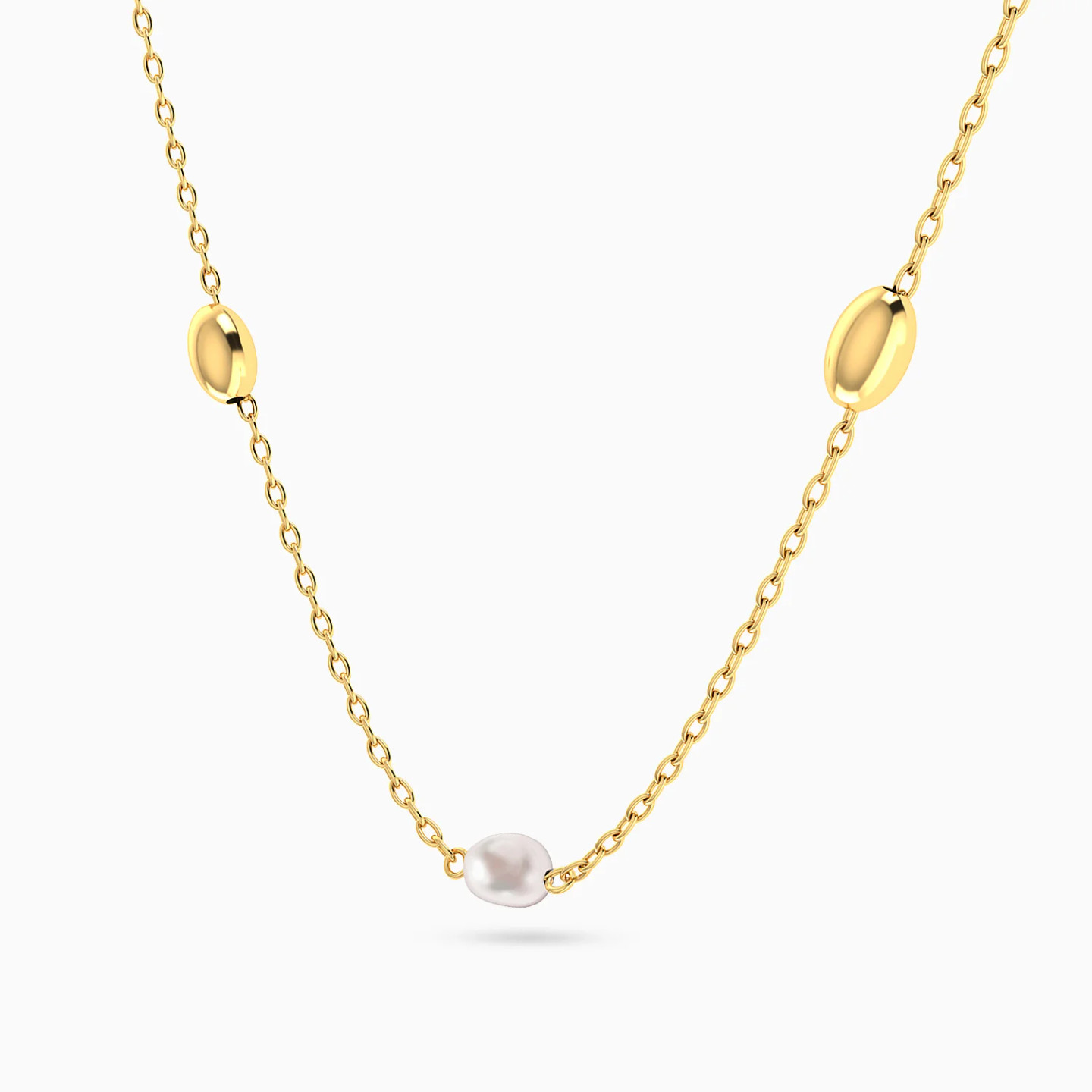 Oval Beads & Pearl Necklace in 18K Gold - 2 Oval Beads & Pearl Necklace in 18K Gold - 2