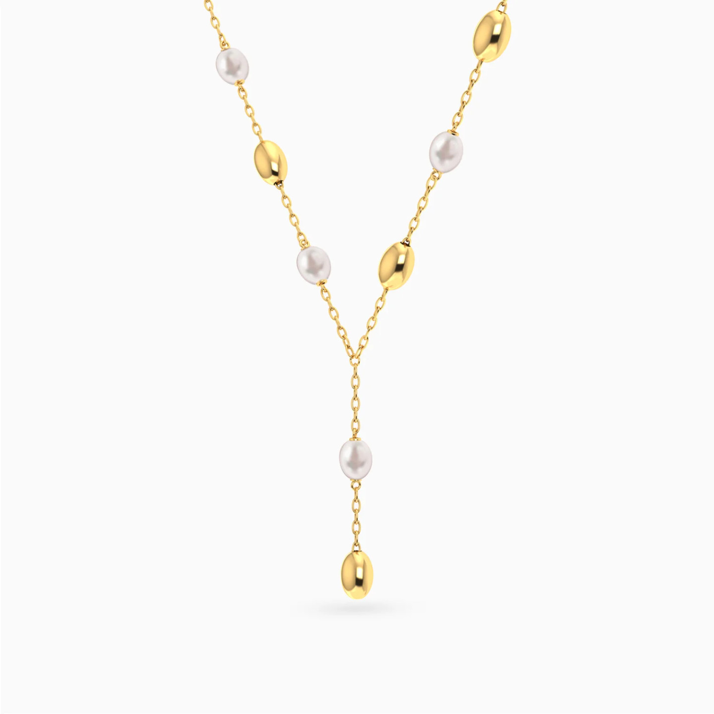Drop Oval Beads & Pearls Necklace in 18K Gold - 2 Drop Oval Beads & Pearls Necklace in 18K Gold - 2