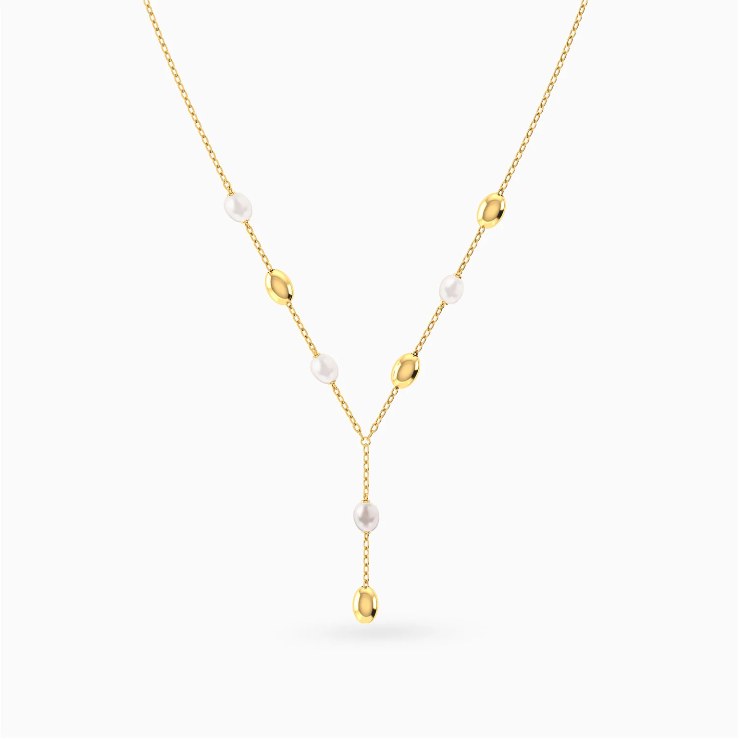 Drop Oval Beads & Pearls Necklace in 18K Gold - 3 Drop Oval Beads & Pearls Necklace in 18K Gold - 3