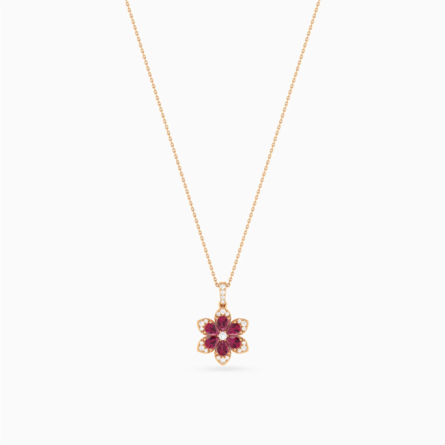 Flower Red Stones Diamond Necklace in 18K Gold - 3 Flower Red Stones Diamond Necklace in 18K Gold - 3