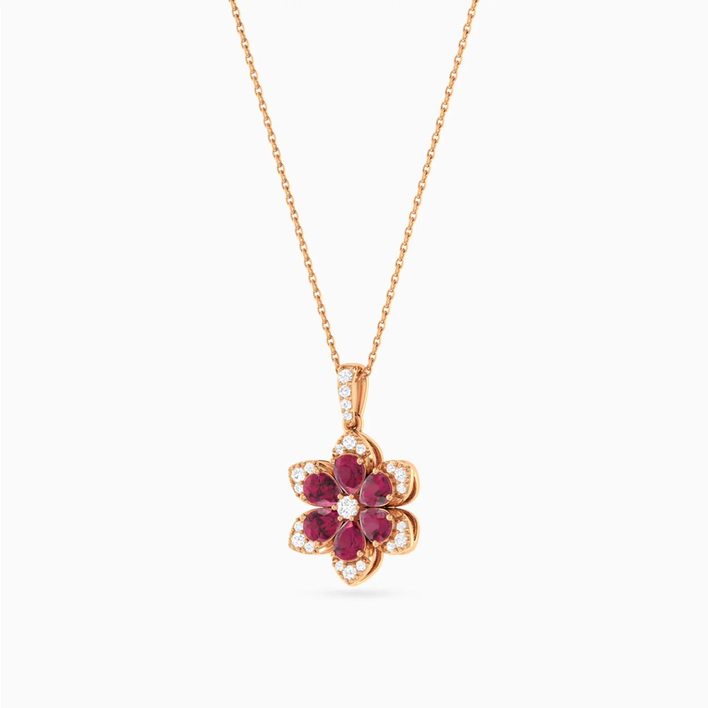 Flower Red Stones Diamond Necklace in 18K Gold Flower Red Stones Diamond Necklace in 18K Gold