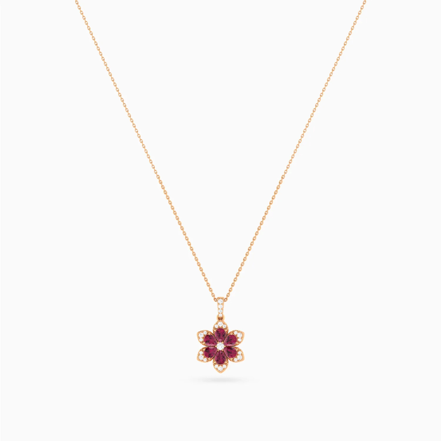 Flower Red Stones Diamond Necklace in 18K Gold - 2 Flower Red Stones Diamond Necklace in 18K Gold - 2