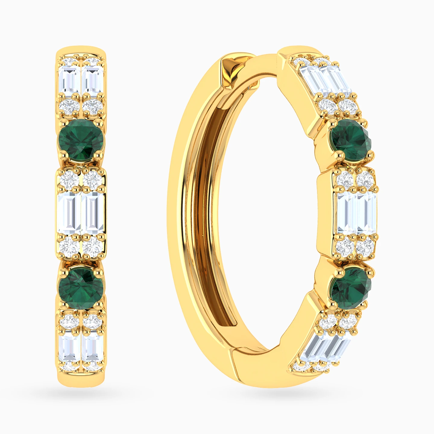 Baguette & Round Green Stones Diamond Hoop Earrings in 18K Gold Baguette & Round Green Stones Diamond Hoop Earrings in 18K Gold