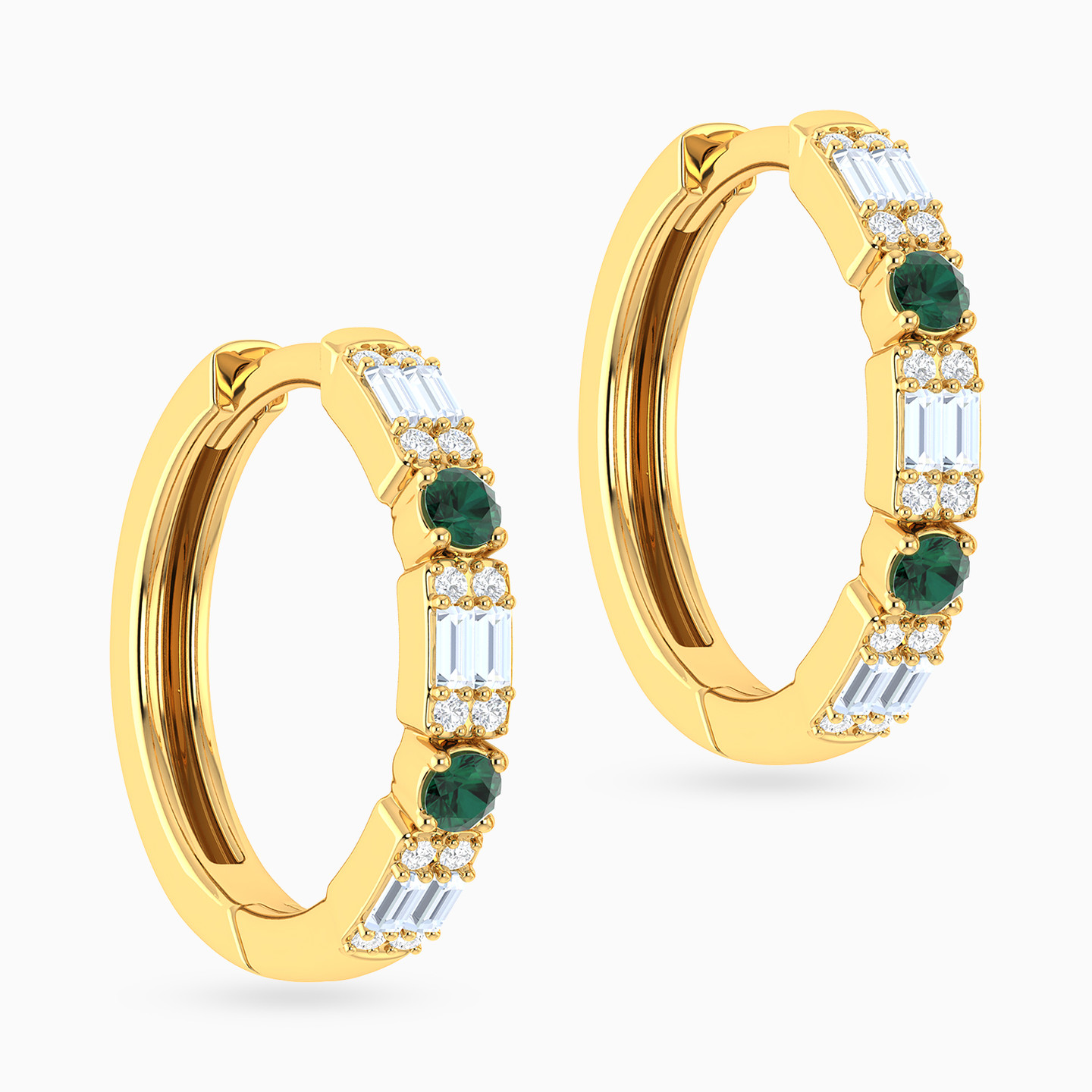 Baguette & Round Green Stones Diamond Hoop Earrings in 18K Gold - 3 Baguette & Round Green Stones Diamond Hoop Earrings in 18K Gold - 3
