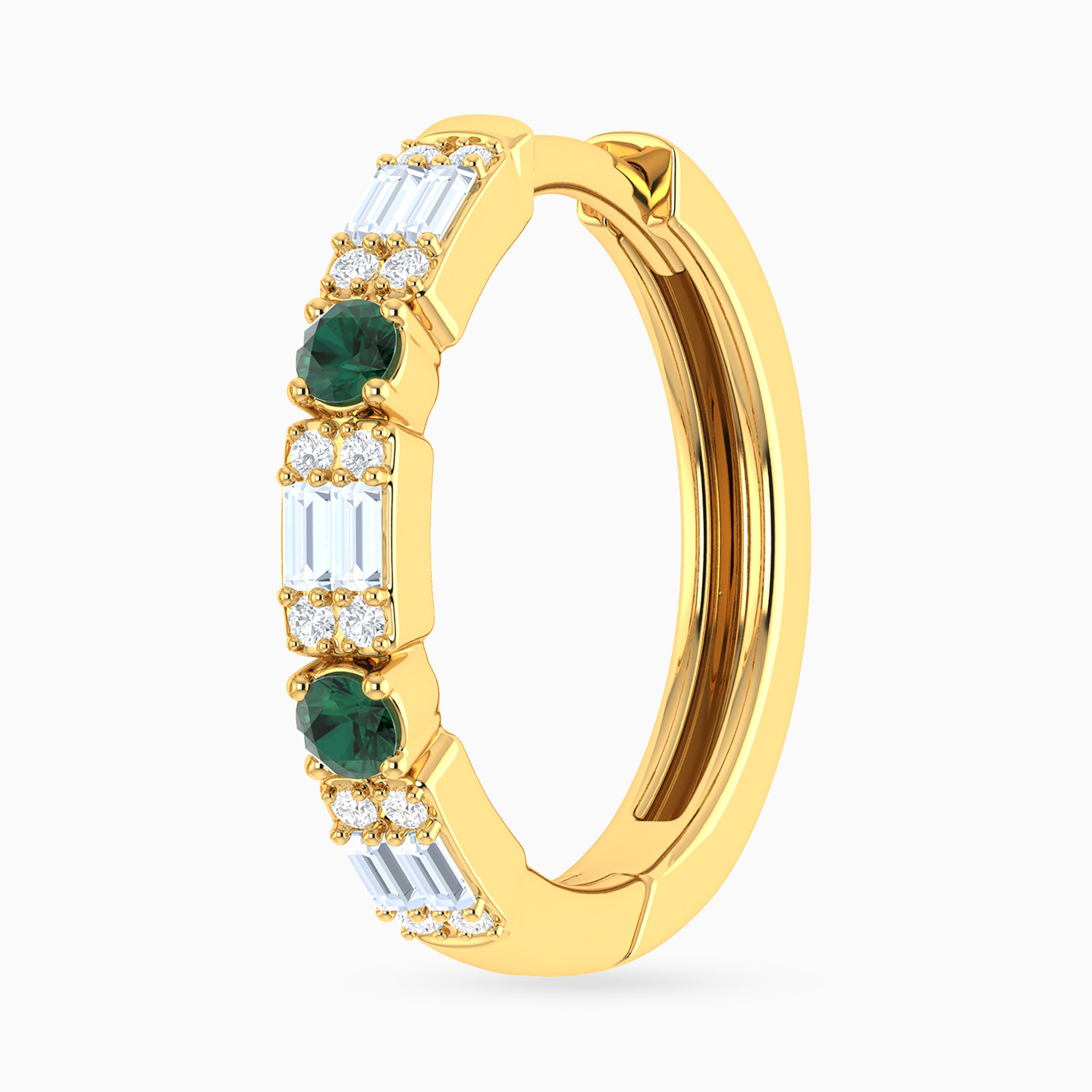 Baguette & Round Green Stones Diamond Hoop Earrings in 18K Gold - 4 Baguette & Round Green Stones Diamond Hoop Earrings in 18K Gold - 4
