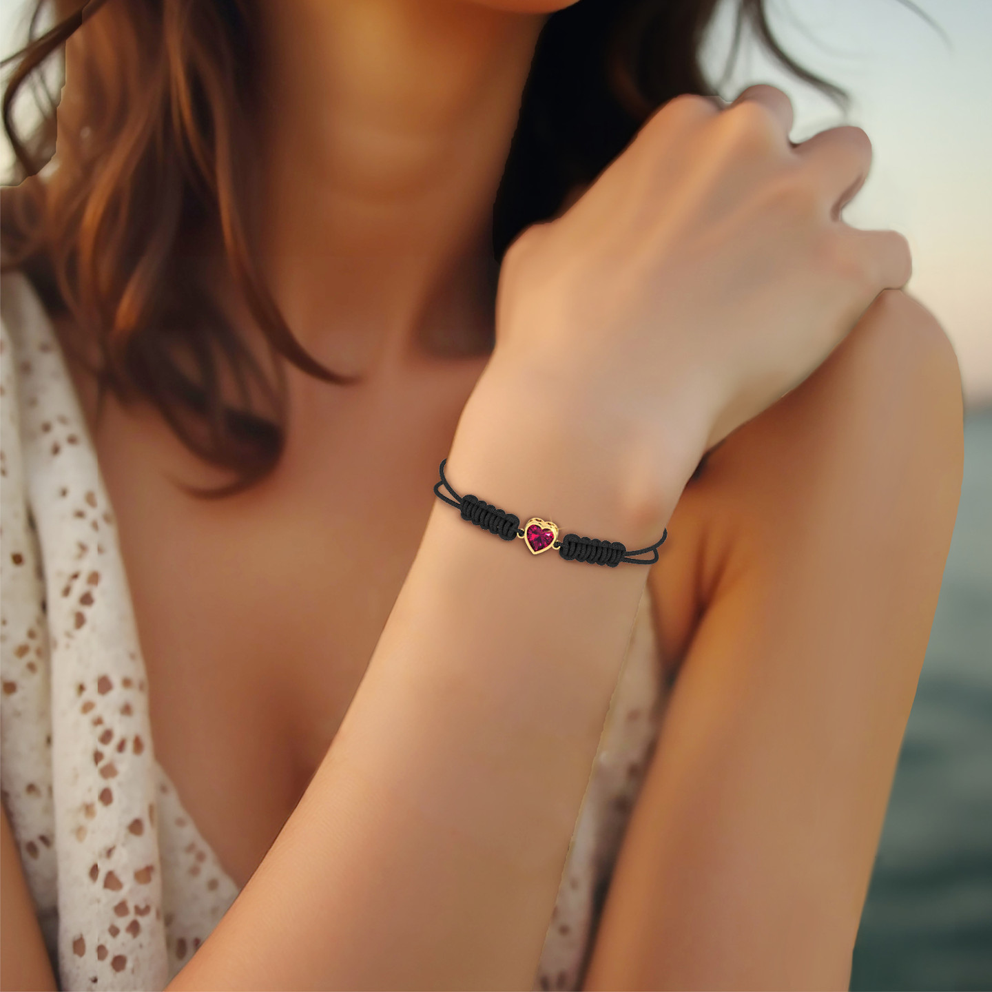 Heart Red Stone Cord Bracelet in 14k Gold - 2 Heart Red Stone Cord Bracelet in 14k Gold - 2