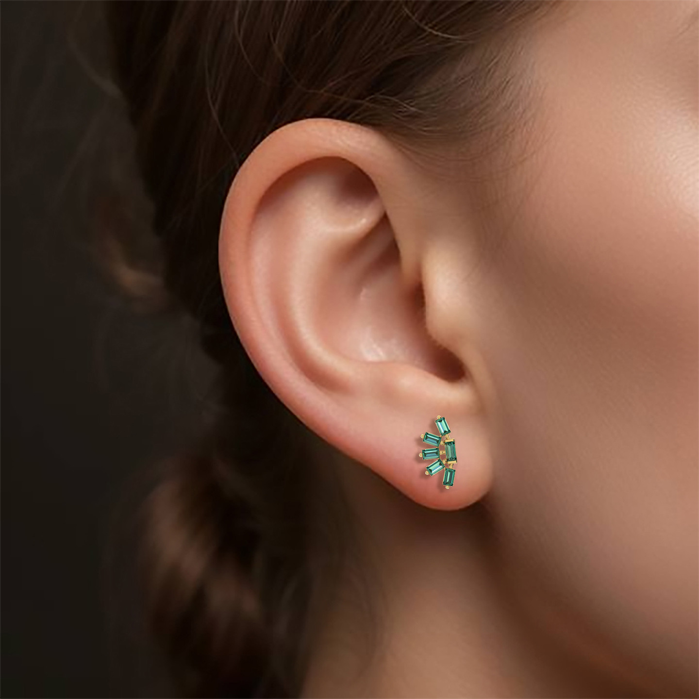 Baguette Shaped Green Stones Stud Earring in 14K Gold - 1 Piece - 2 Baguette Shaped Green Stones Stud Earring in 14K Gold - 1 Piece - 2