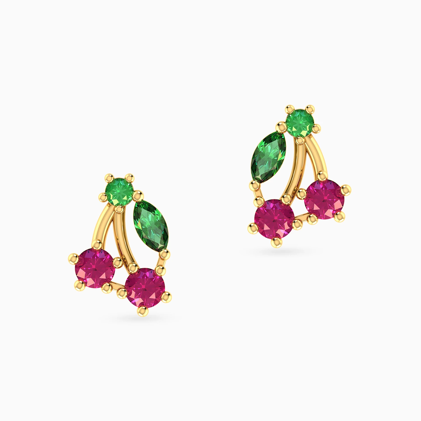 Kids Cherry Colored Stones Stud Earrings in 14K Gold - 3 Kids Cherry Colored Stones Stud Earrings in 14K Gold - 3