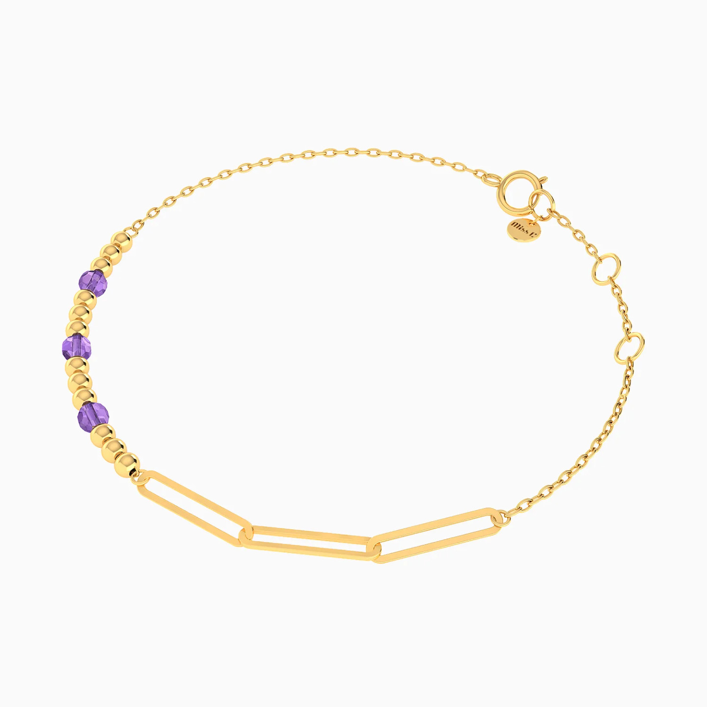 Elongated Links & Beads Purple Stones Chain Bracelet in 18K Gold - 3 Elongated Links & Beads Purple Stones Chain Bracelet in 18K Gold - 3