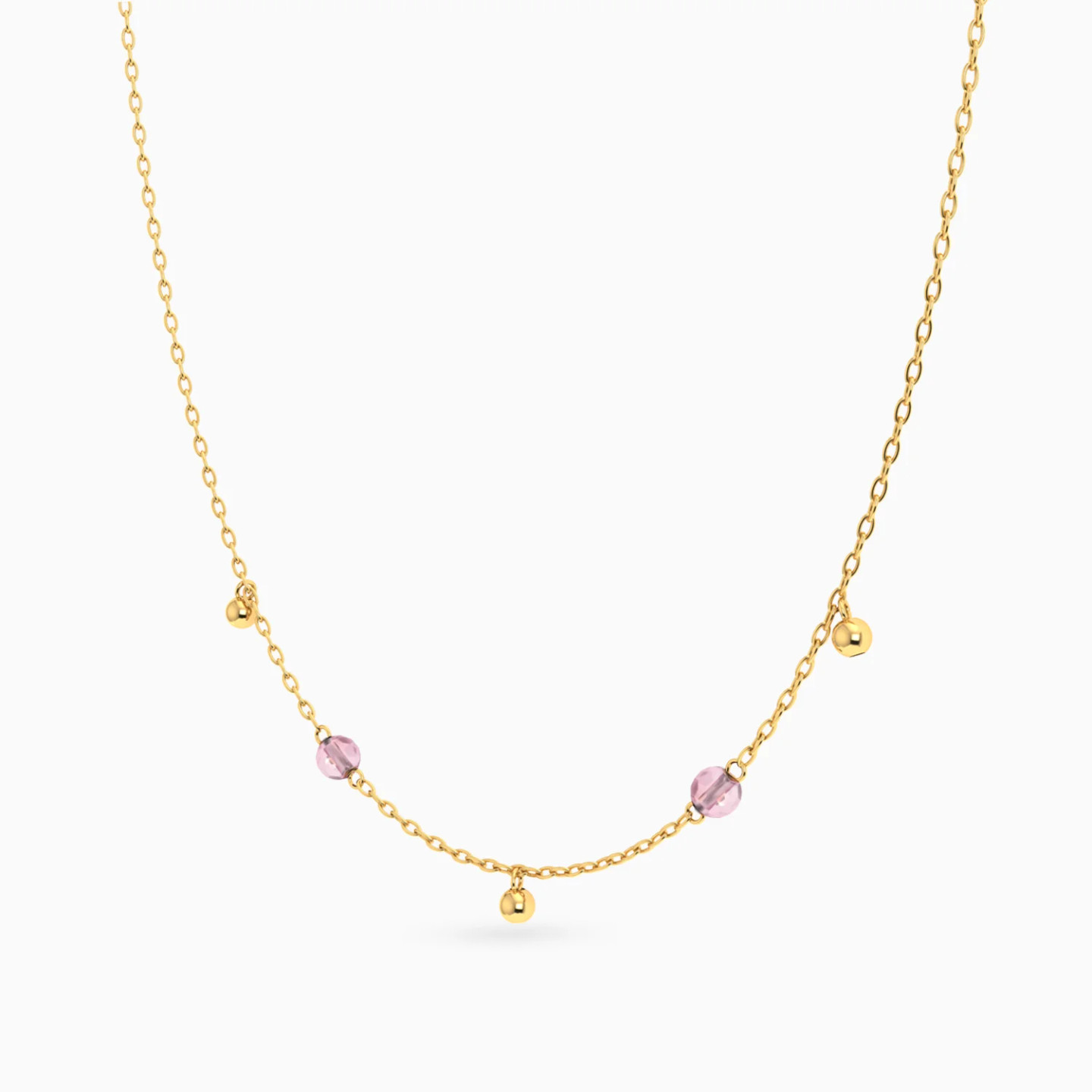 Beads Pink Stones Chain Necklace in 18K Gold - 2 Beads Pink Stones Chain Necklace in 18K Gold - 2