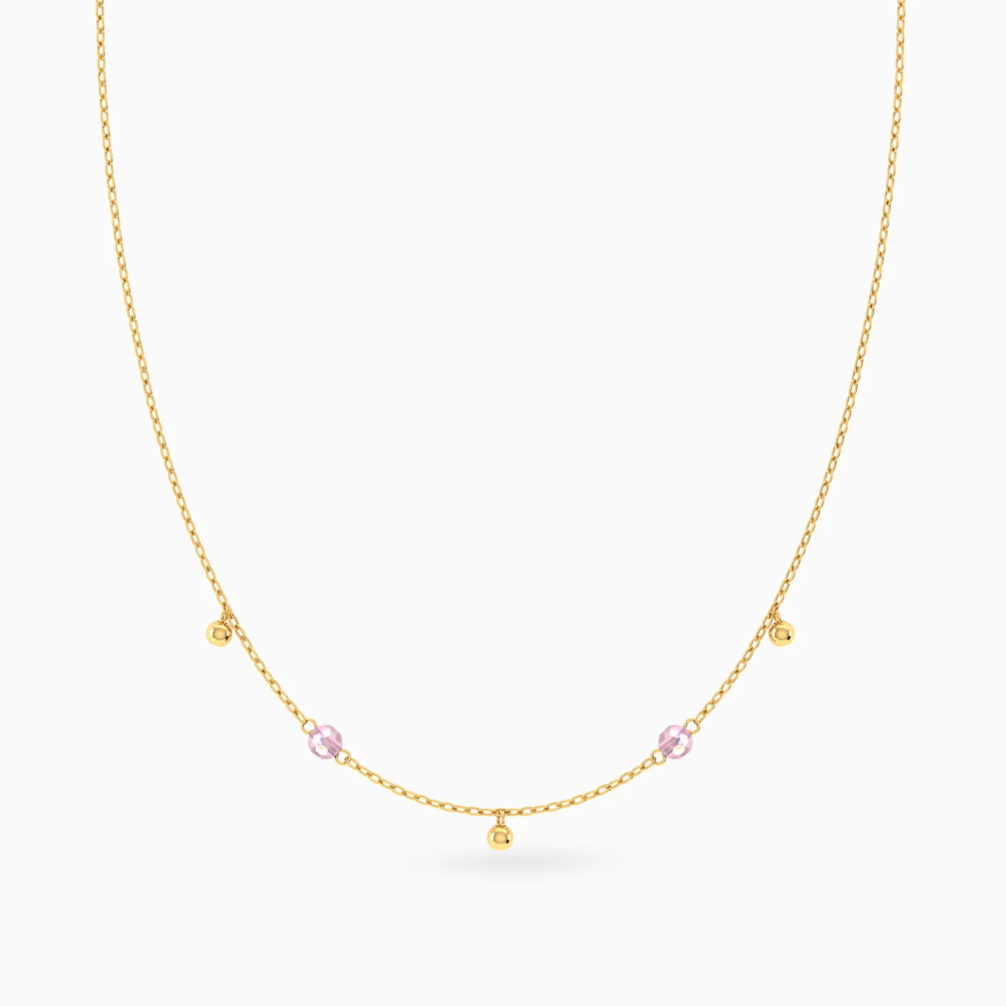Beads Pink Stones Chain Necklace in 18K Gold - 3 Beads Pink Stones Chain Necklace in 18K Gold - 3