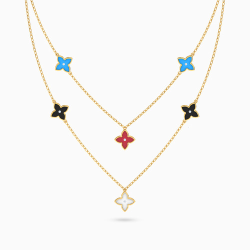 LIN590 - Flower Colored Stones Layered Necklace in 18K Gold - 111405180257-1.jpg