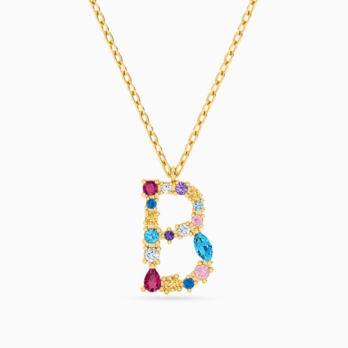 LIN107 - Letter B Colored Stones Necklace in 18K Gold - 111404180132-1.jpg