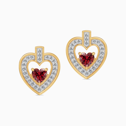 LDE923 - Heart Frame Red Stone Diamond Stud Earrings in 18K Gold - SAE06408-1.jpg