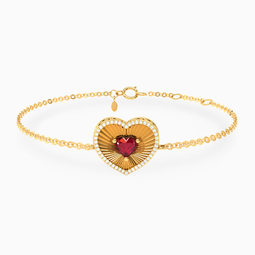 LDB781 - Textured Heart Red Stone Diamond Chain Bracelet in 18K Gold - EBR50031-1.jpg