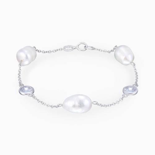 WB314 - Round Bezel Colored Stones & Pearl Chain Bracelet in Sterling Silver - BR125-1.jpg
