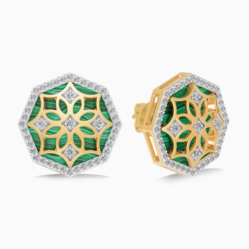 LDE944 - Ramadan Floral Detail & Octagonal Green Malachite Diamond Stud Earrings 18K Gold - AJNE3242-1.jpg