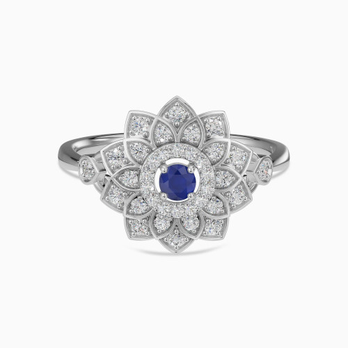 LDR4038 - Layered Flower Blue Stone & Diamond Ring in 18K Gold - RG903499-W-1.webp