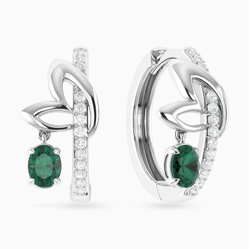 LDE1006 - Leaves & Oval Green Stone Diamond Hoop Earrings in 18K Gold - HP403293W18HEM1-1.webp