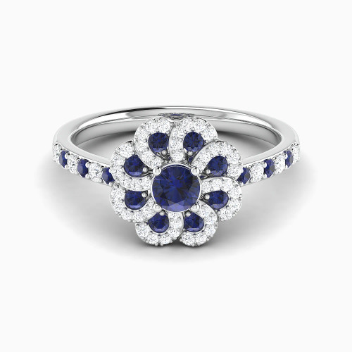LDR4082 - Round Flower Blue Stones Diamond Ring in 18K Gold - RN423125W18HSA1-1.webp
