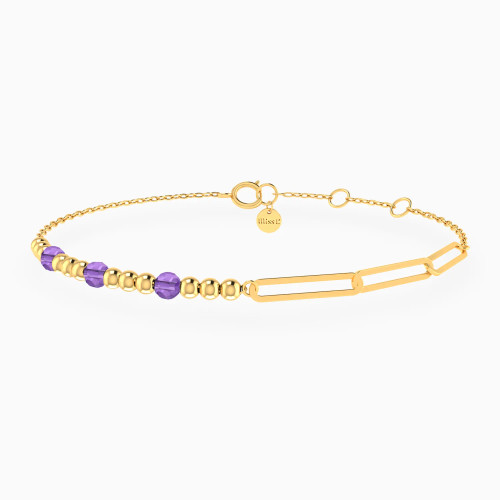 MLB957 - Elongated Links & Beads Purple Stones Chain Bracelet in 18K Gold - 21047020035-1.webp