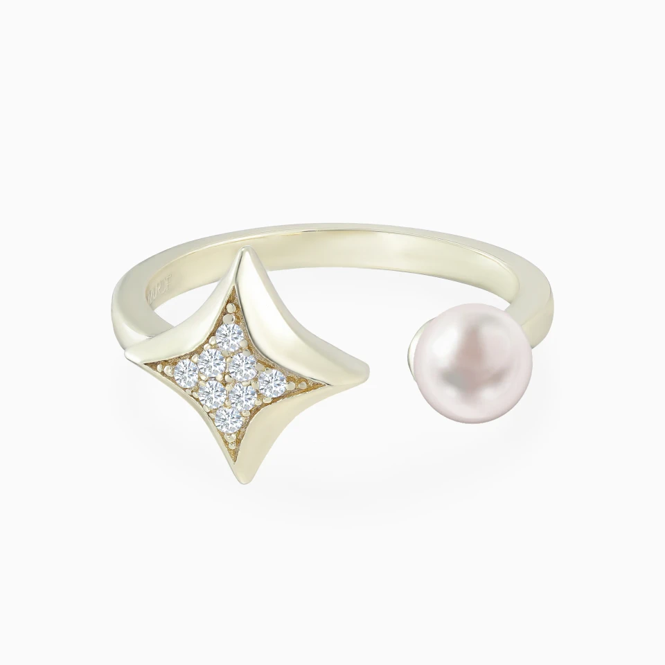 Four Point Stars Pearl Open Ring in Yellow Gold Plating Four Point Stars Pearl Open Ring in Yellow Gold Plating